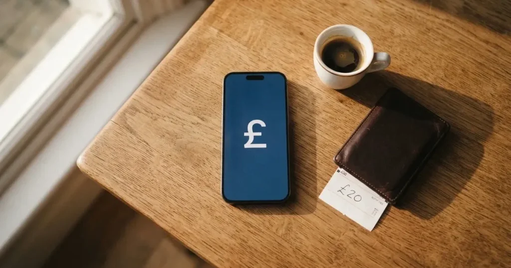 A smartphone on a wooden table beside a wallet and a coffee cup