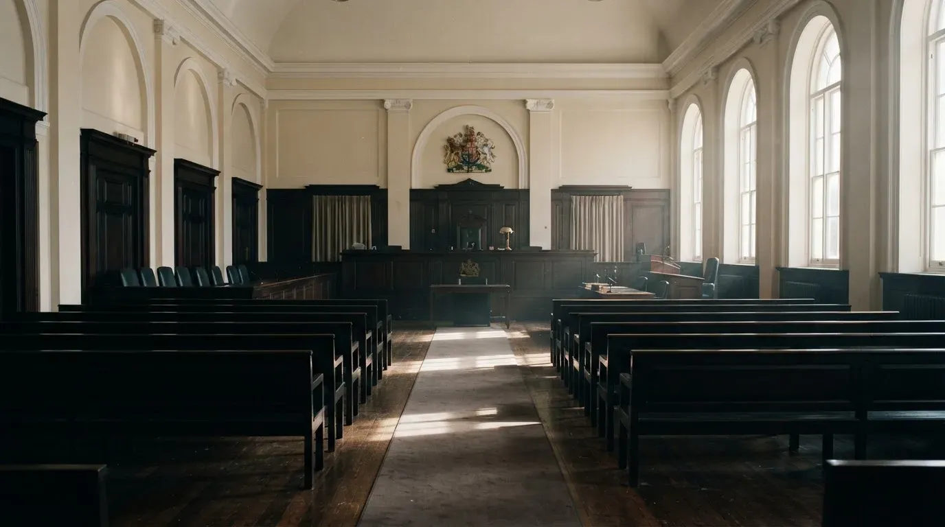 An empty courtroom with wooden benches in morning light