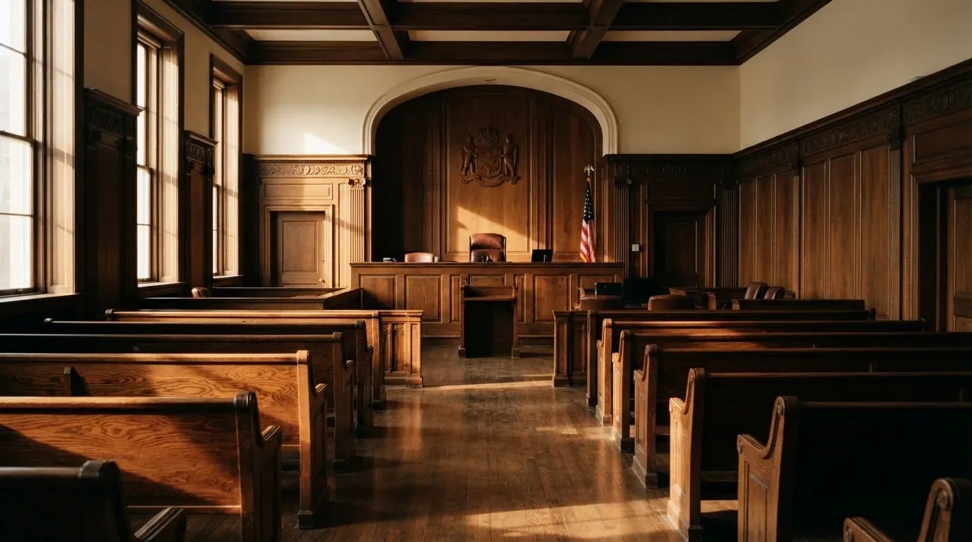 An empty courtroom with wooden benches in morning light