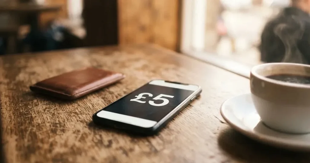 A smartphone on a wooden table beside a wallet and a coffee cup