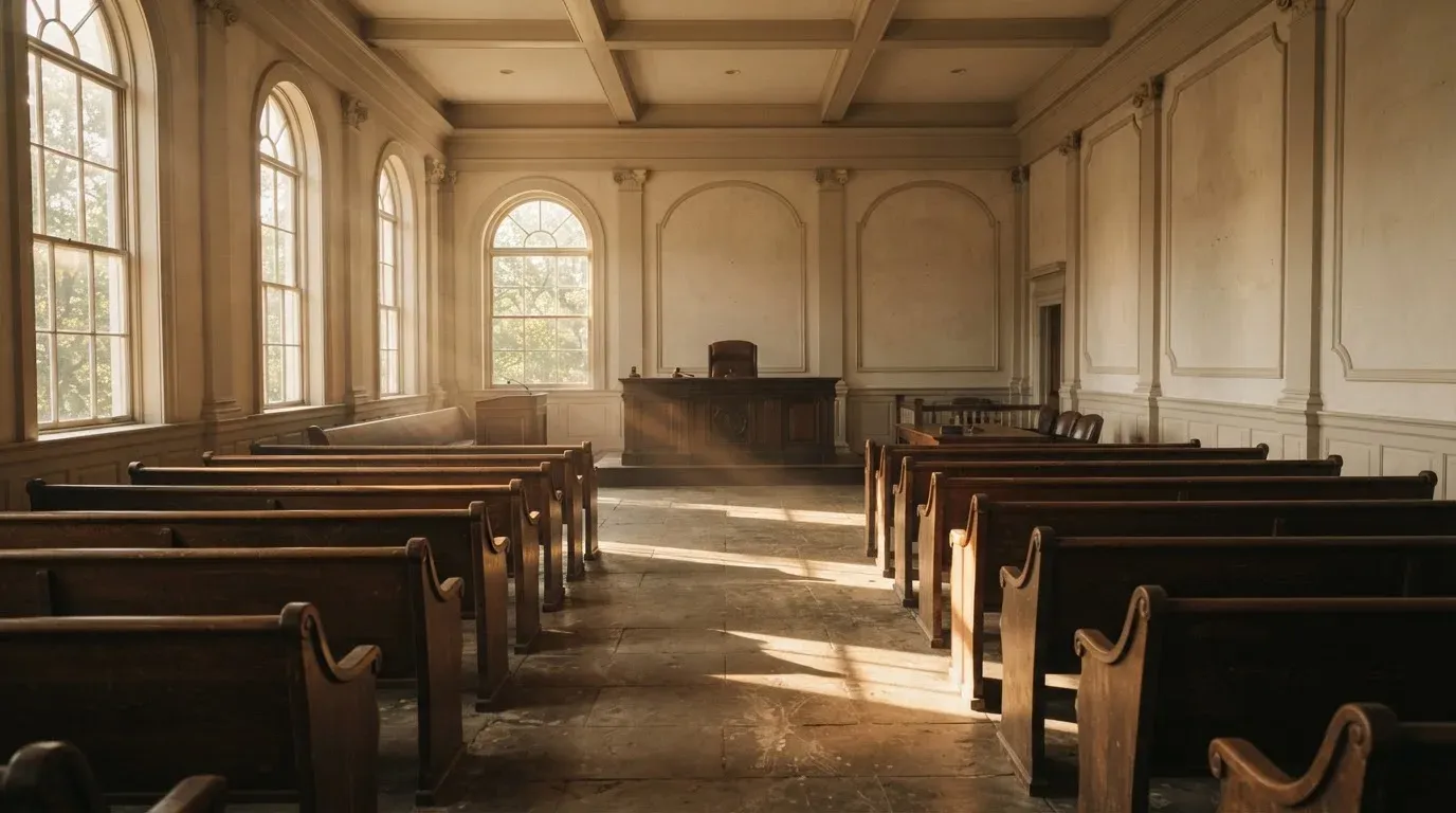 An empty courtroom with wooden benches in morning light