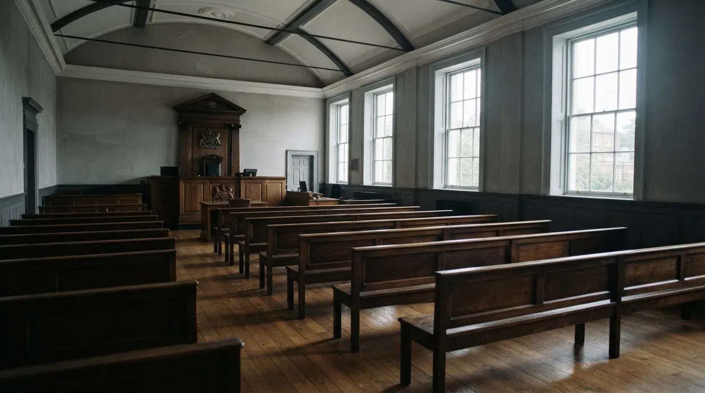 An empty courtroom with wooden benches in morning light