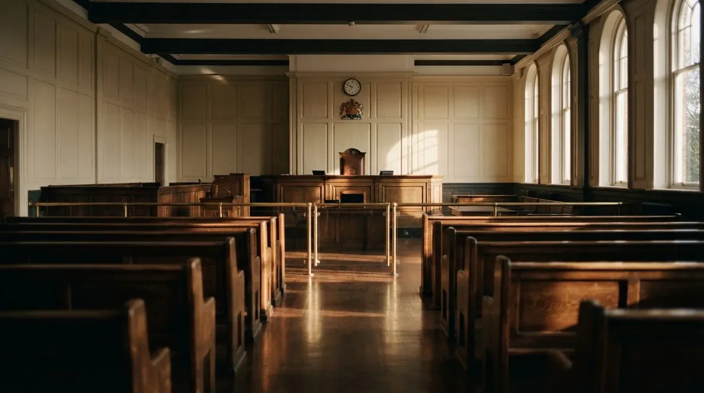 An empty courtroom with wooden benches in morning light