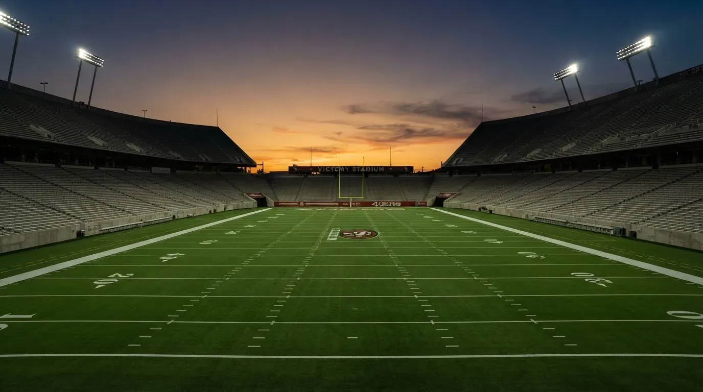An empty football stadium with floodlight masts at dusk