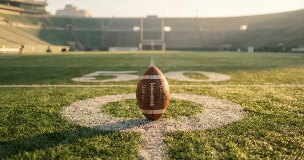 A ball on the centre spot of a grass pitch in morning light