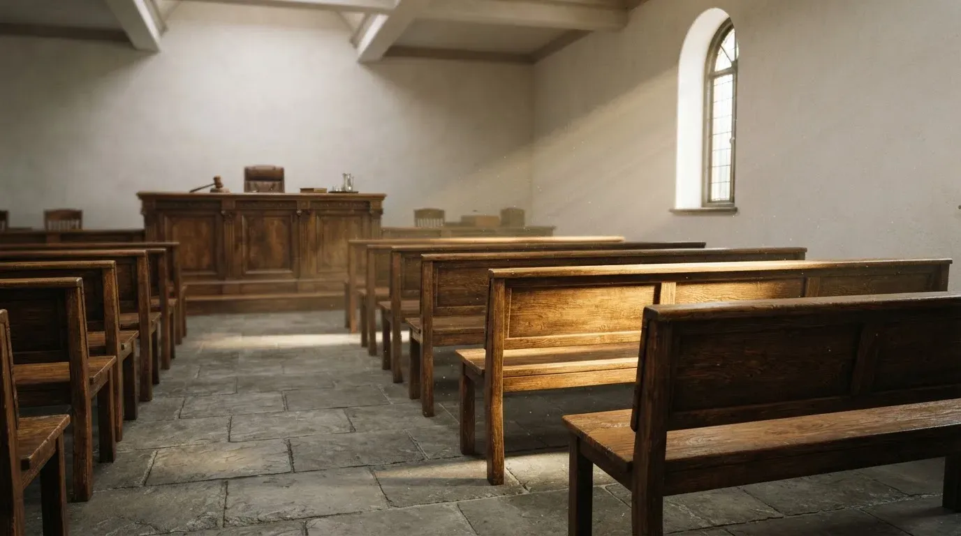 An empty courtroom with wooden benches in morning light