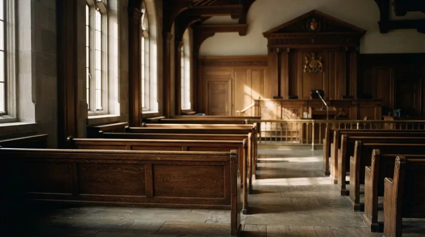 An empty courtroom with wooden benches in morning light