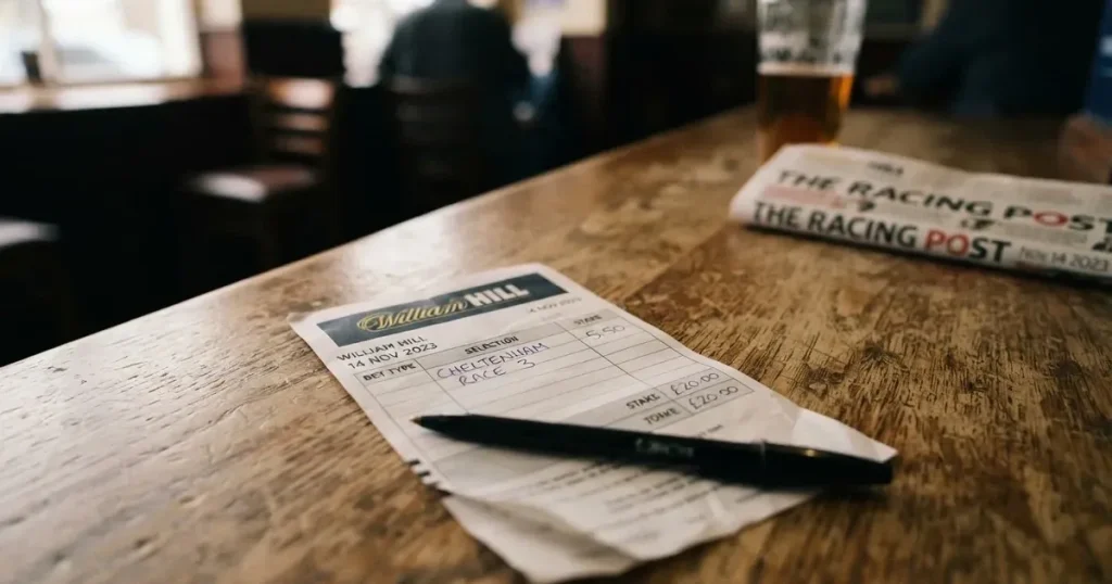 A blank paper betting slip beside a pen on a wooden counter