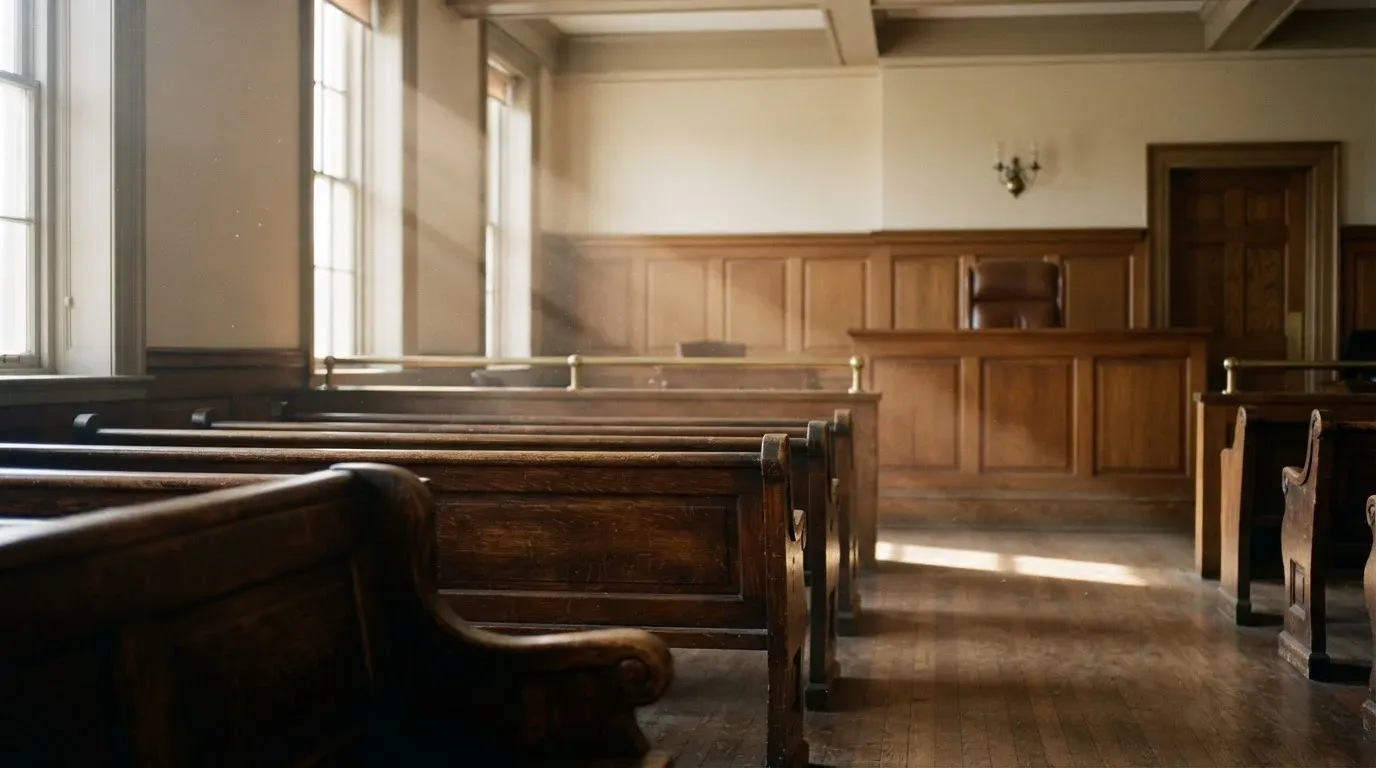 An empty courtroom with wooden benches in morning light