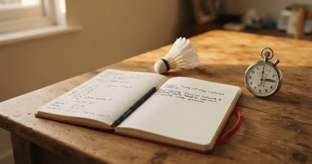 An open notebook with a pencil and a stopwatch on a wooden table