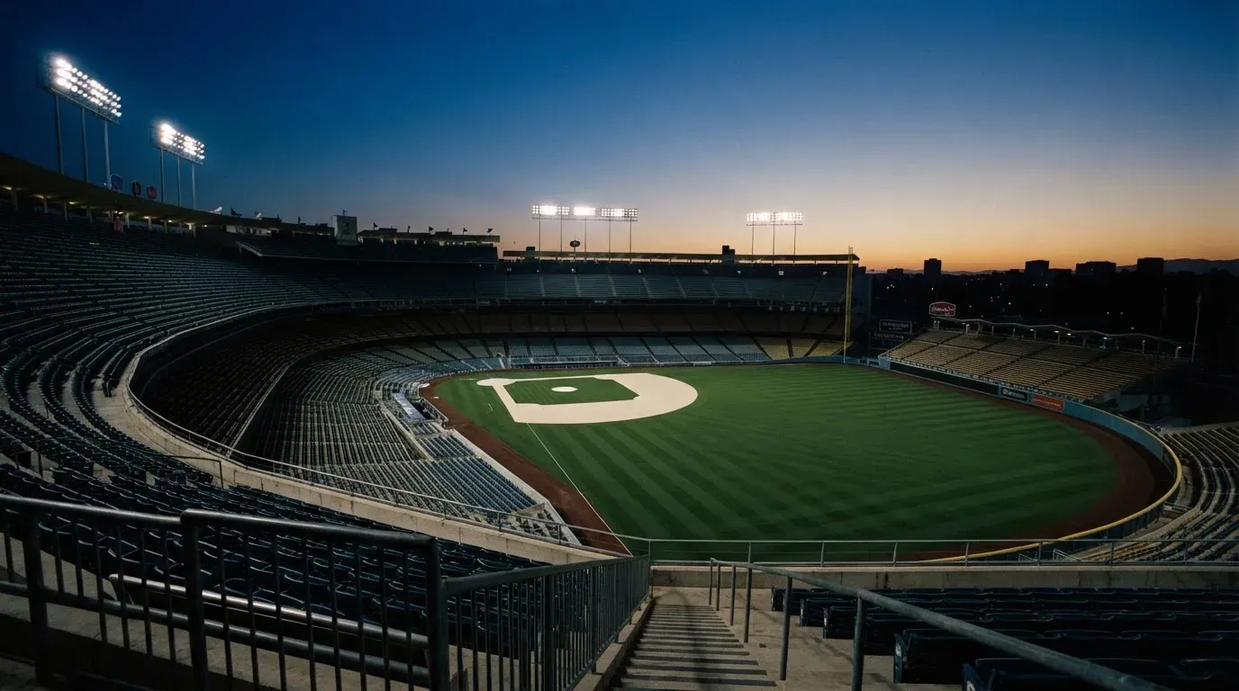 An empty football stadium with floodlight masts at dusk