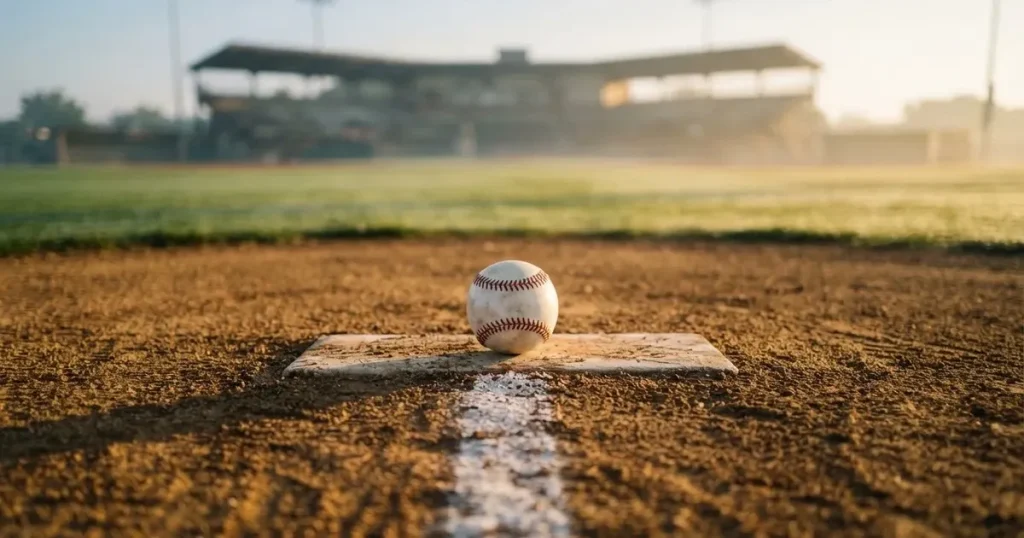 A ball on the centre spot of a grass pitch in morning light