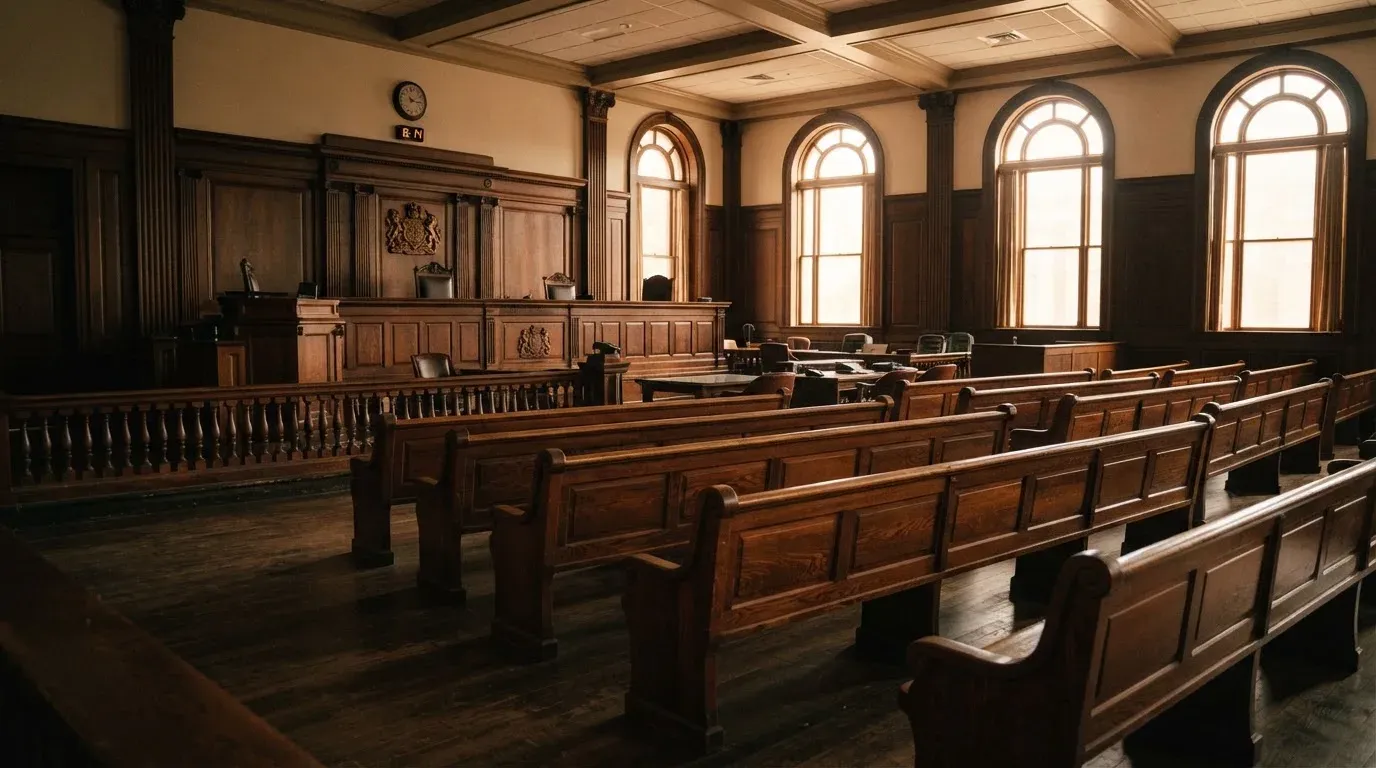 An empty courtroom with wooden benches in morning light