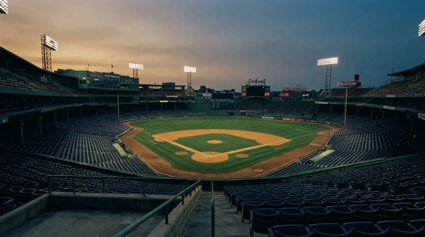 An empty football stadium with floodlight masts at dusk