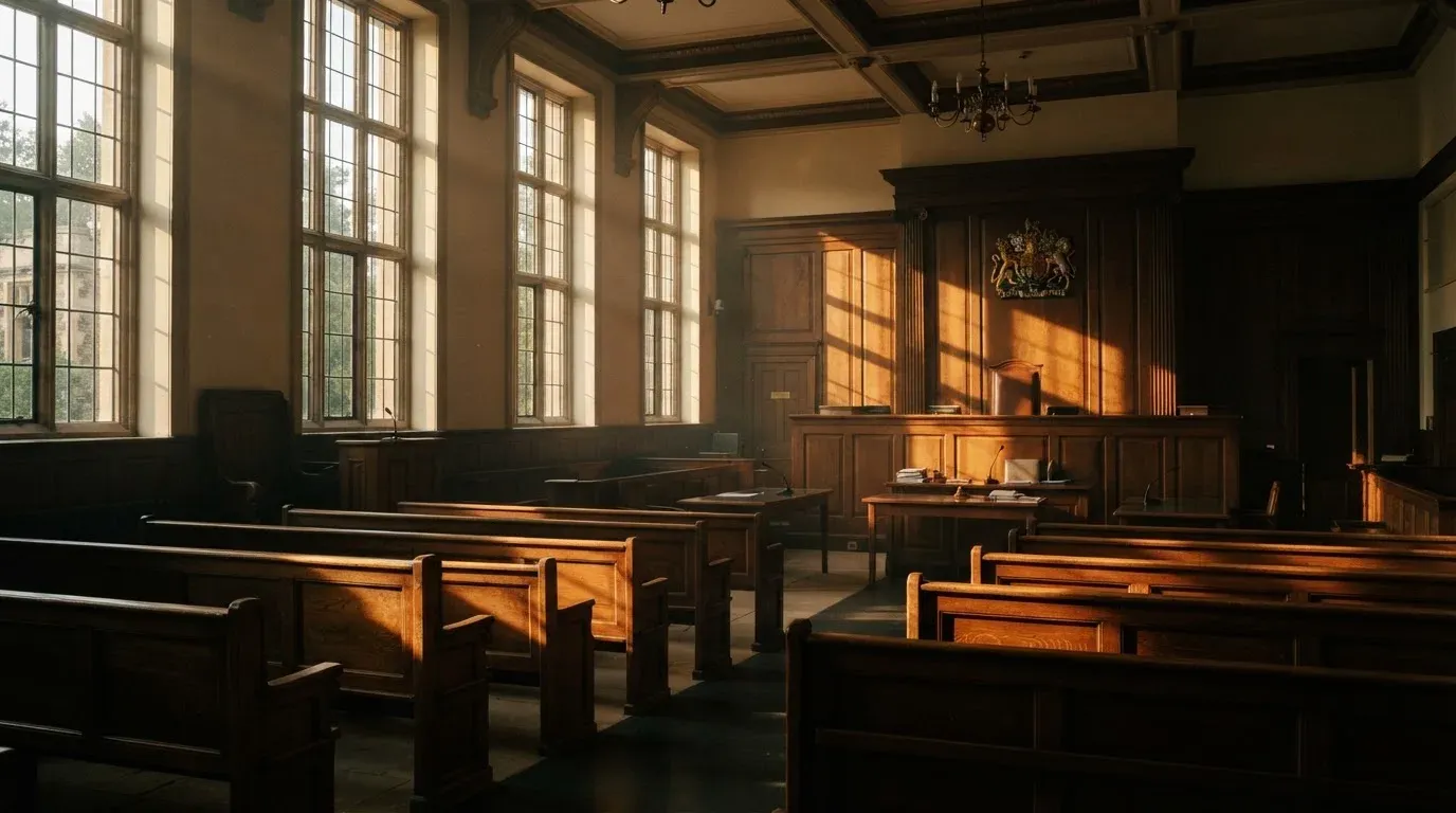 An empty courtroom with wooden benches in morning light