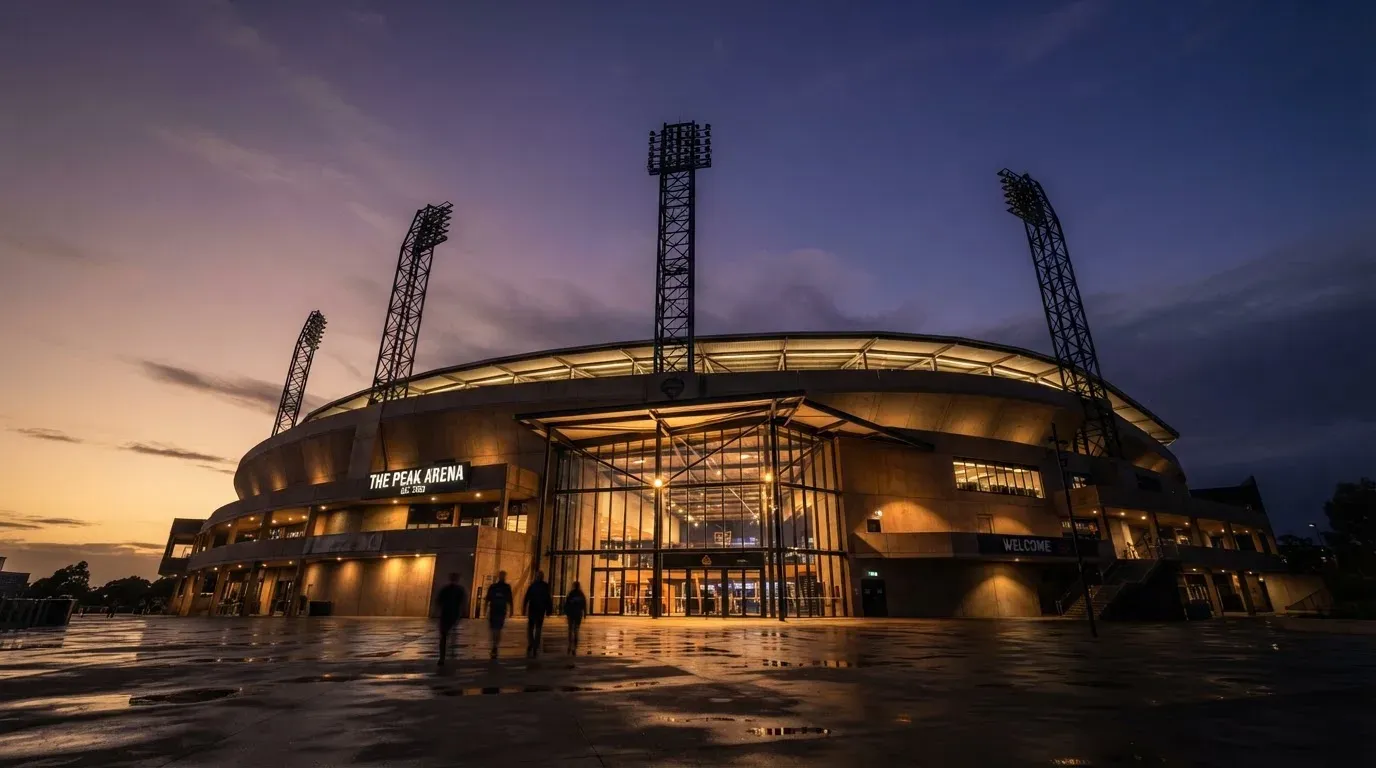 An empty football stadium with floodlight masts at dusk