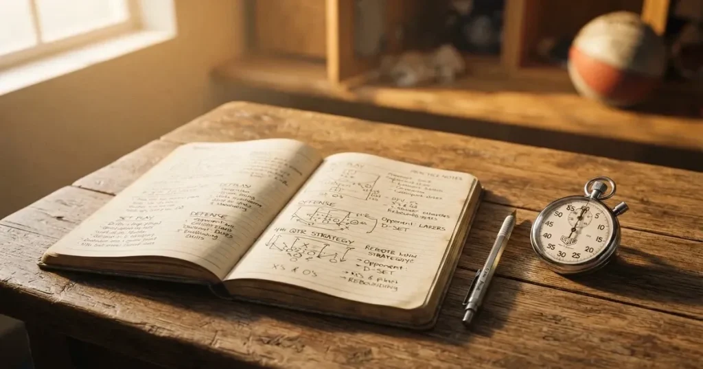 An open notebook with a pencil and a stopwatch on a wooden table
