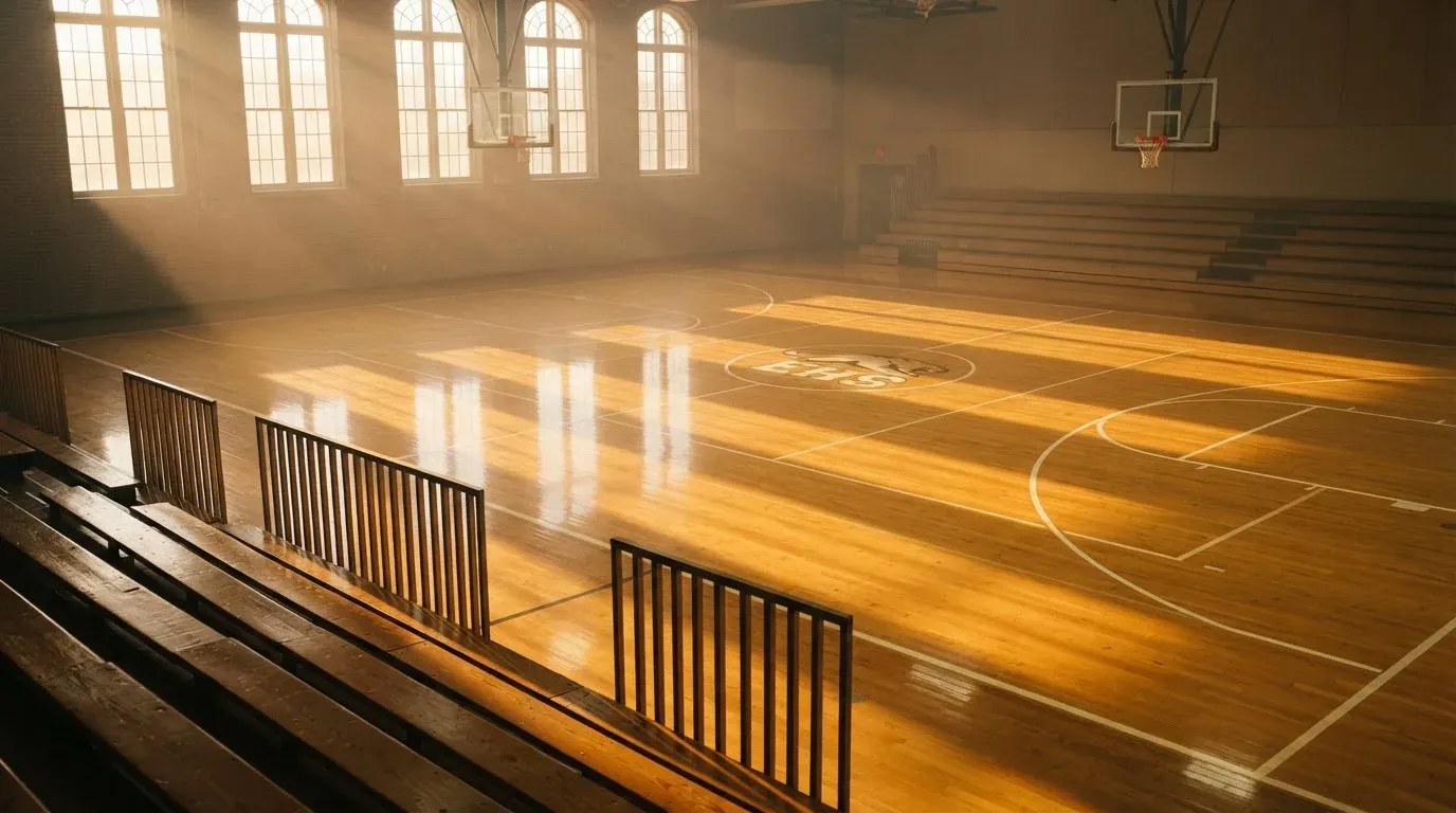 An empty courtroom with wooden benches in morning light