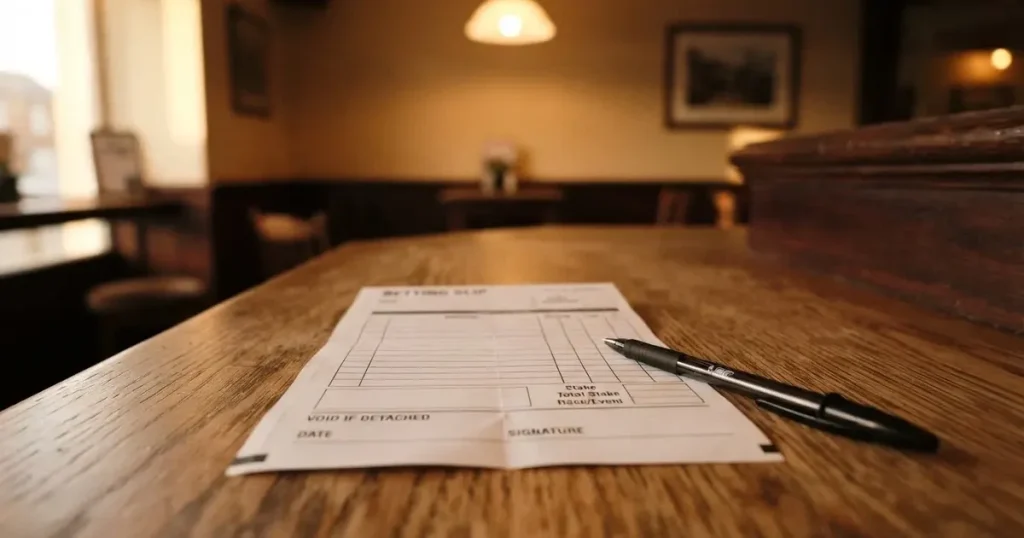 A blank paper betting slip beside a pen on a wooden counter
