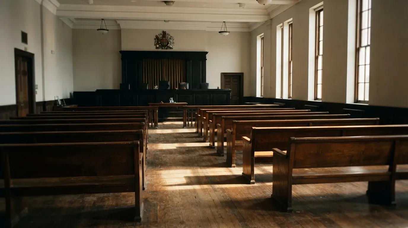 An empty courtroom with wooden benches in morning light