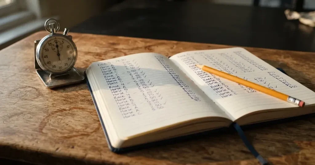 An open notebook with a pencil and a stopwatch on a wooden table