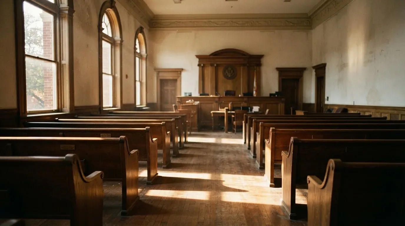 An empty courtroom with wooden benches in morning light
