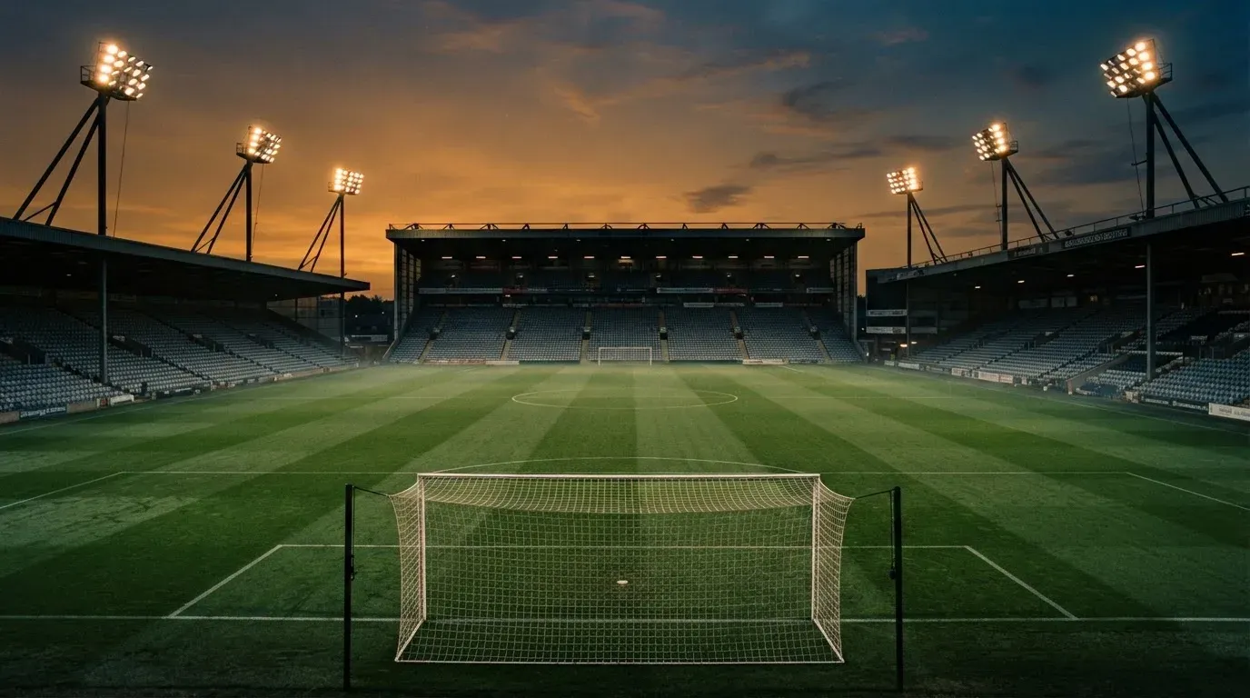 An empty football stadium with floodlight masts at dusk