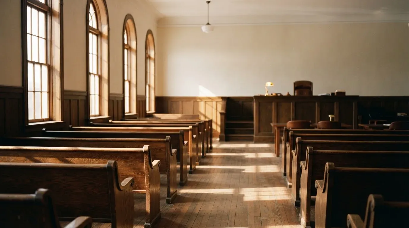An empty courtroom with wooden benches in morning light