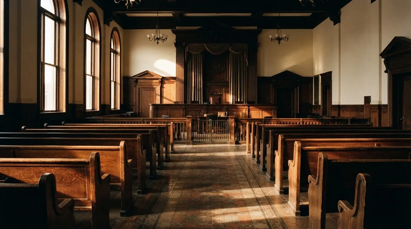 An empty courtroom with wooden benches in morning light