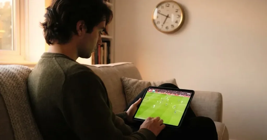 A person on a sofa looking thoughtfully at a tablet, a wall clock in the background