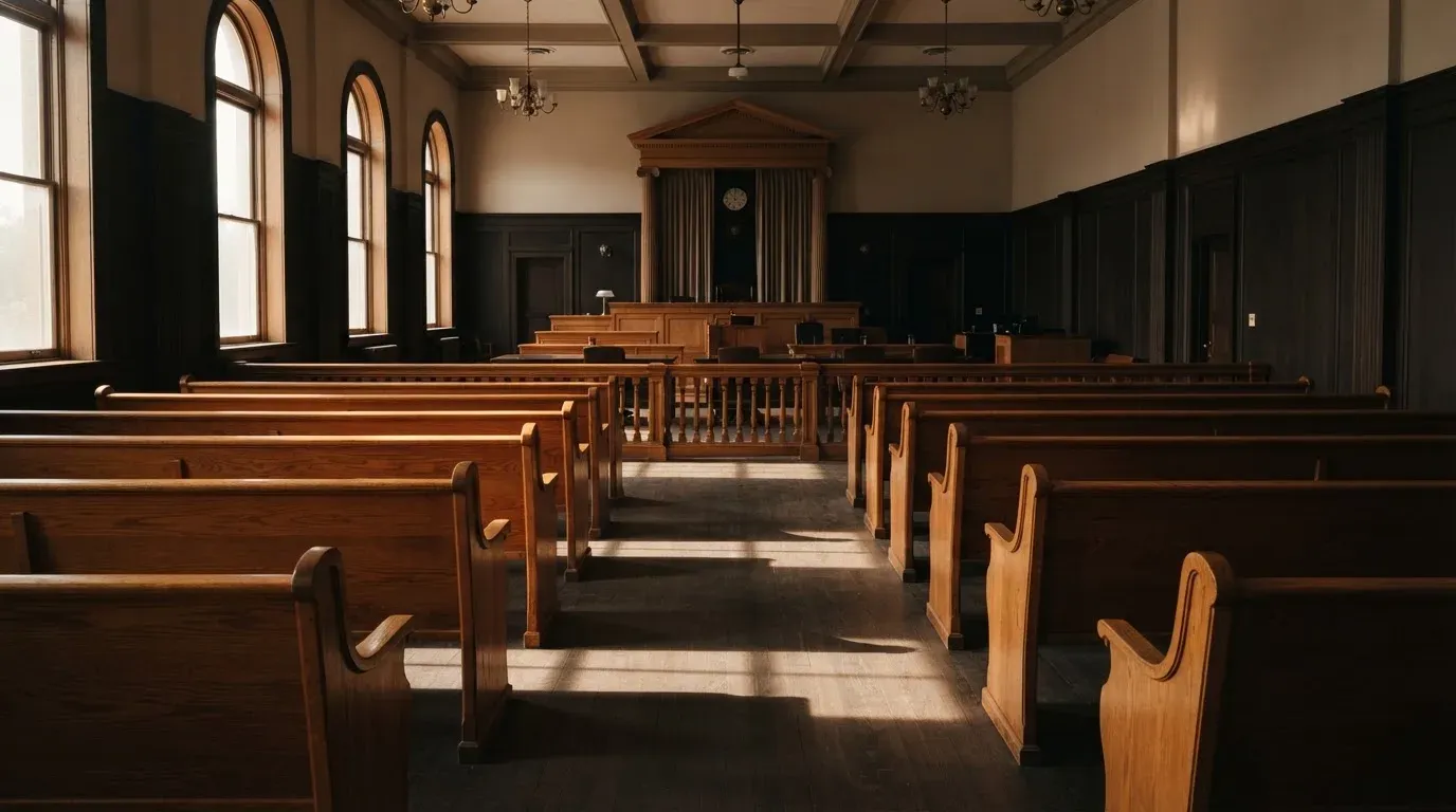 An empty courtroom with wooden benches in morning light