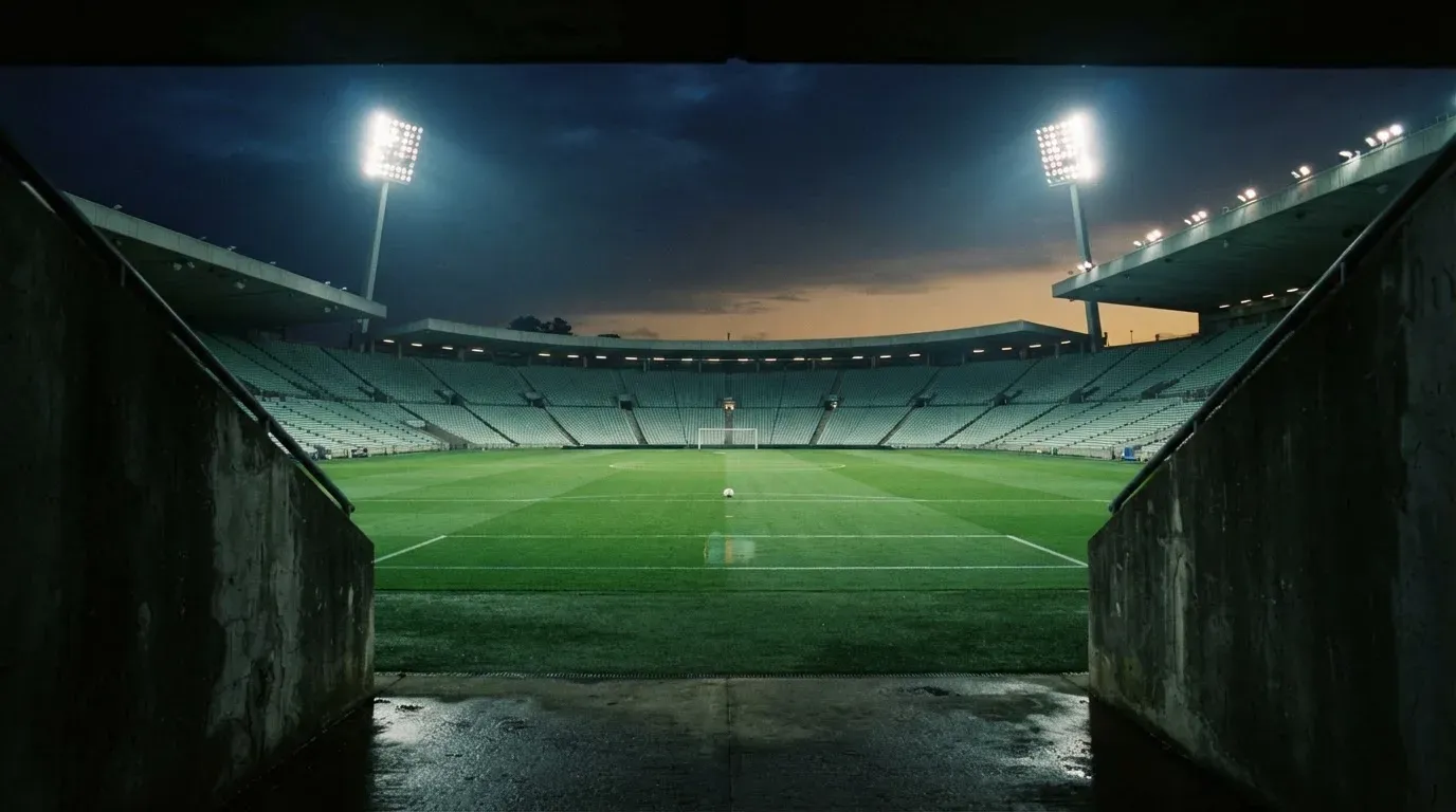 An empty football stadium with floodlight masts at dusk