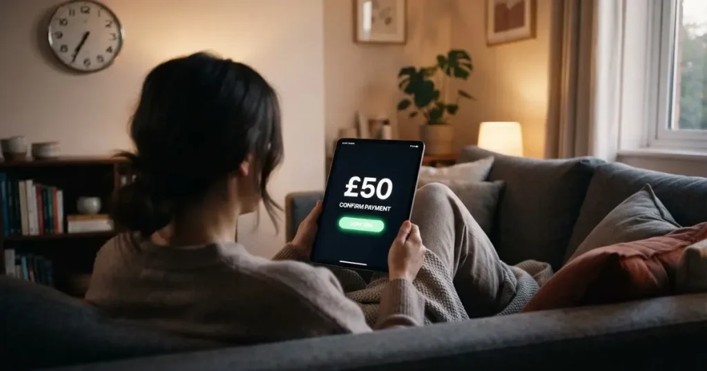 A person on a sofa looking thoughtfully at a tablet, a wall clock in the background