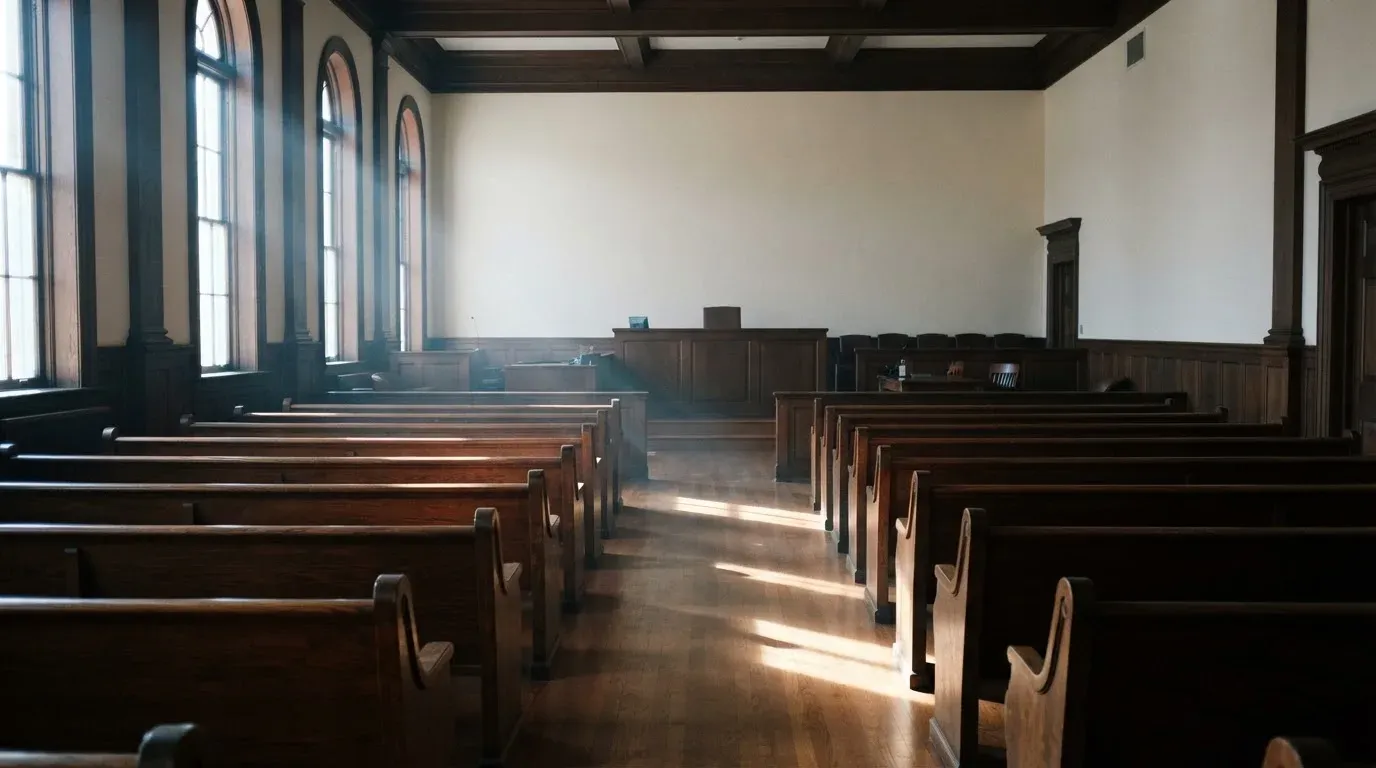An empty courtroom with wooden benches in morning light