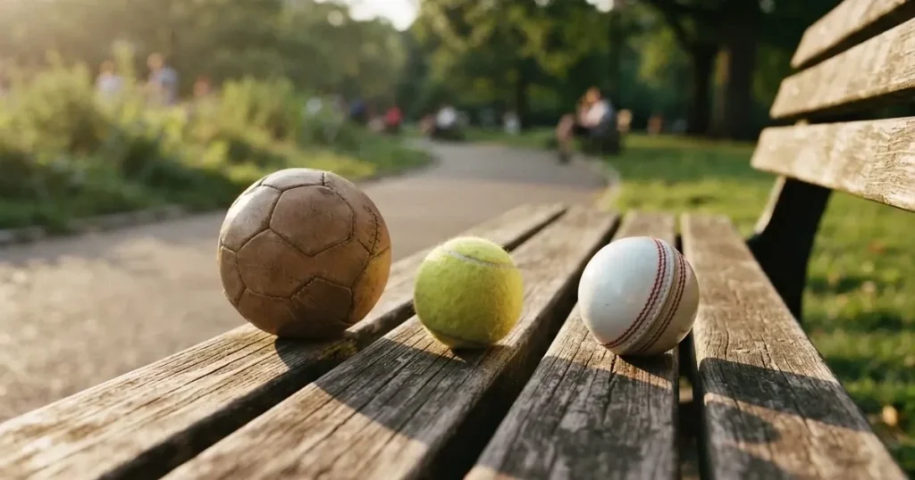 Three balls of different kinds side by side on a wooden bench