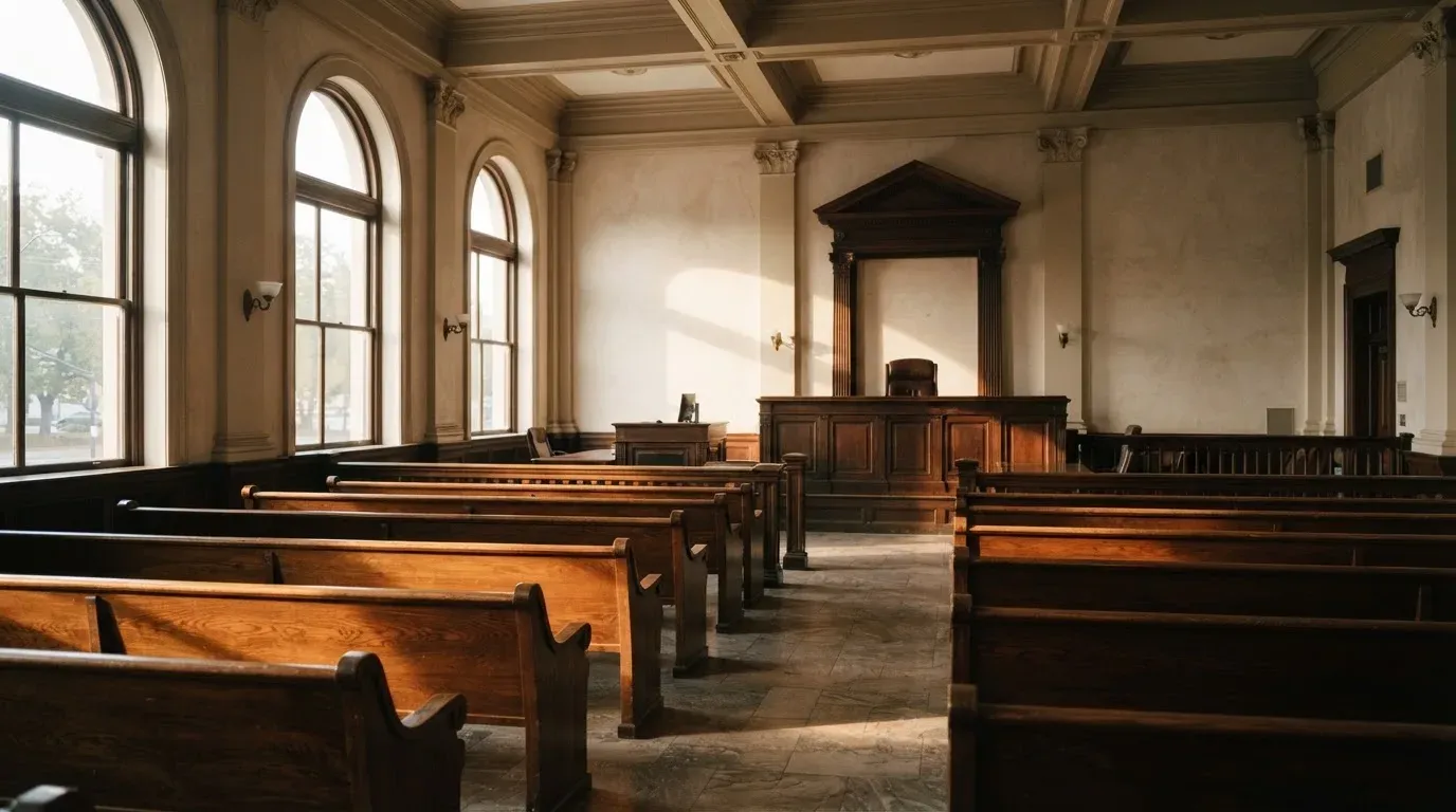 An empty courtroom with wooden benches in morning light