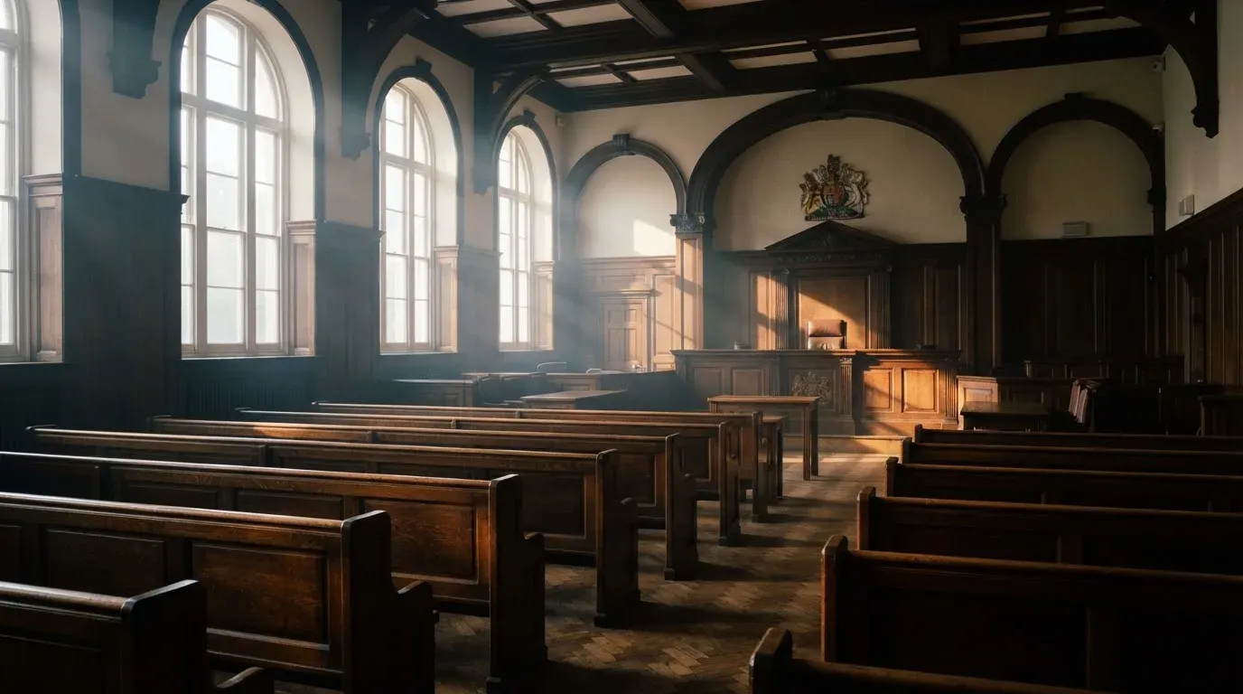 An empty courtroom with wooden benches in morning light