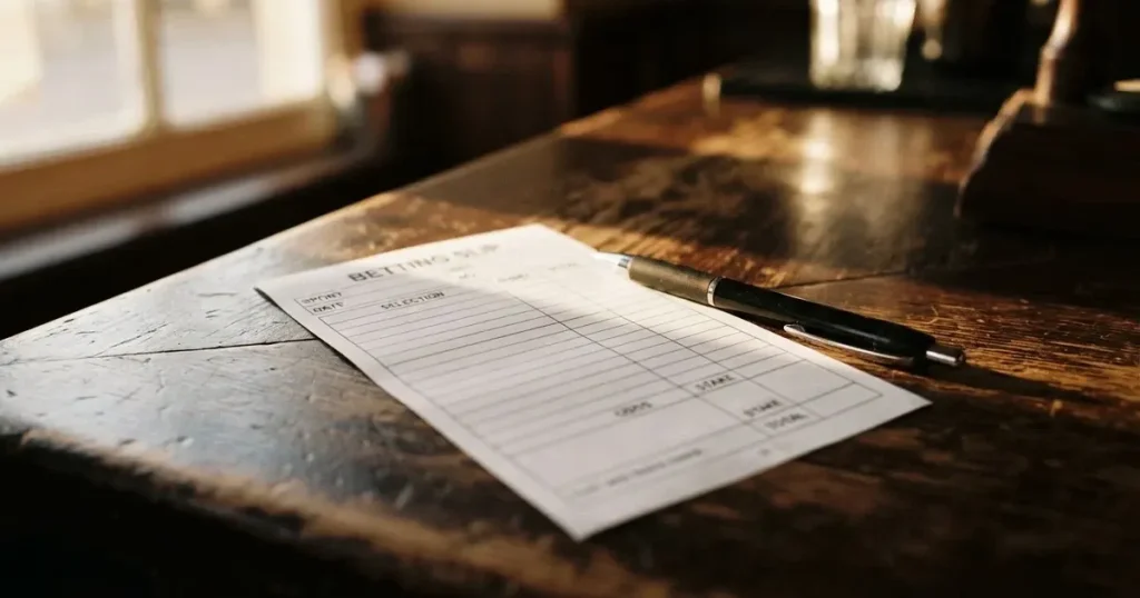 A blank paper betting slip beside a pen on a wooden counter