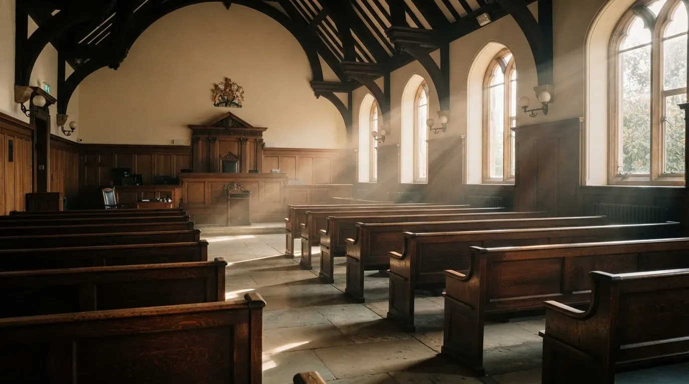 An empty courtroom with wooden benches in morning light