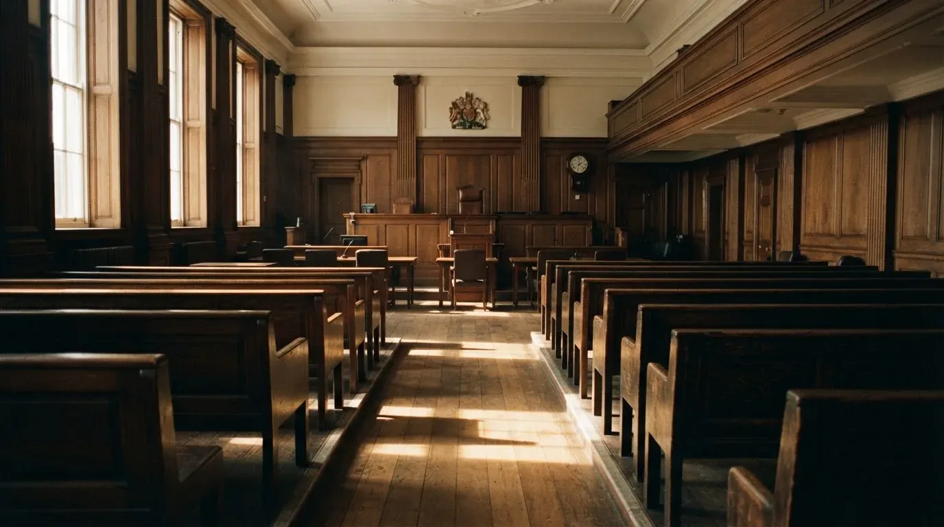 An empty courtroom with wooden benches in morning light