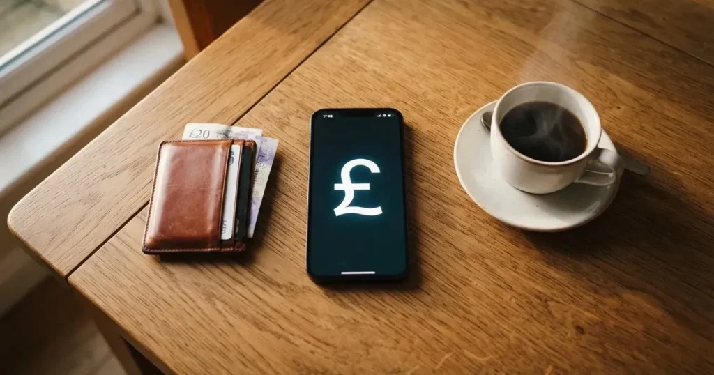A smartphone on a wooden table beside a wallet and a coffee cup