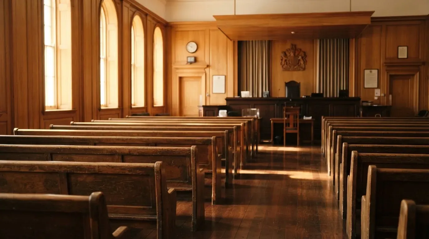 An empty courtroom with wooden benches in morning light