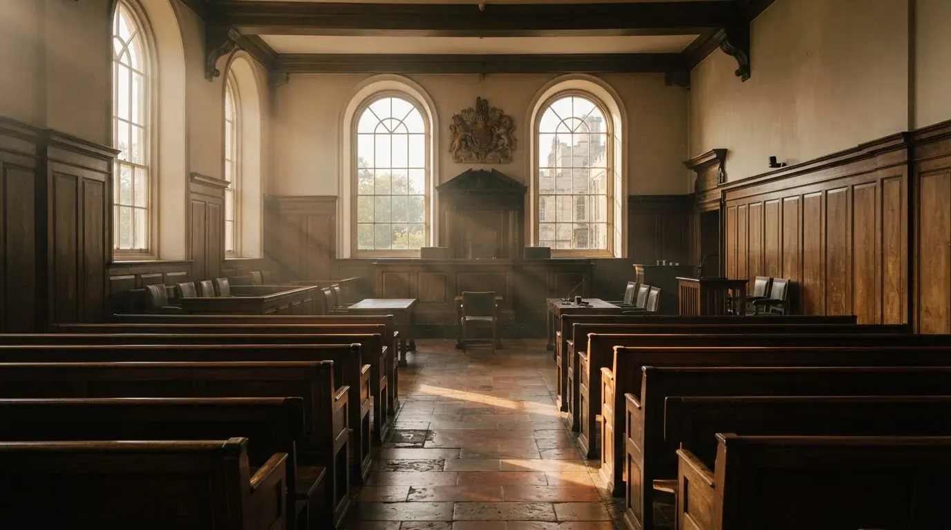 An empty courtroom with wooden benches in morning light