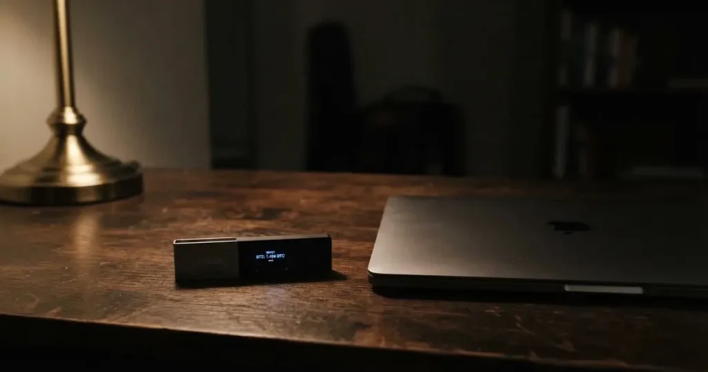 A hardware wallet and a closed laptop on a desk in dim light