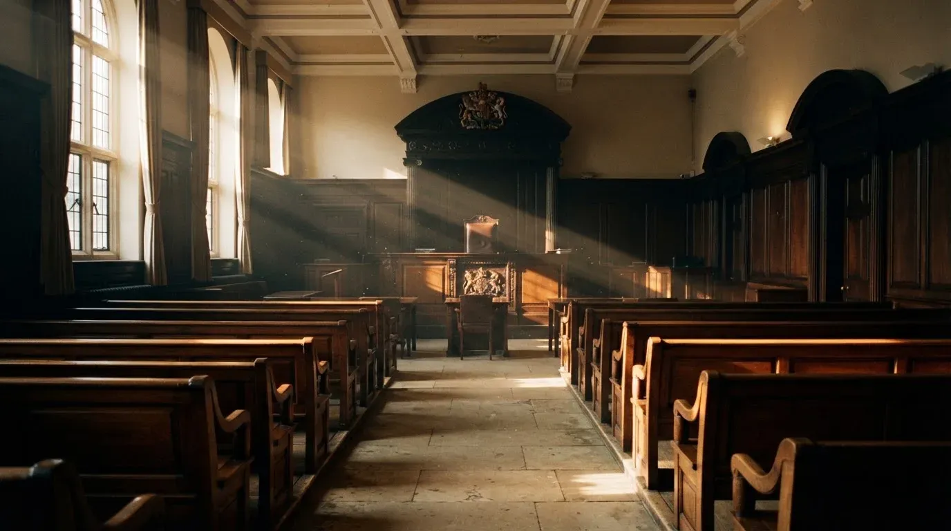 An empty courtroom with wooden benches in morning light