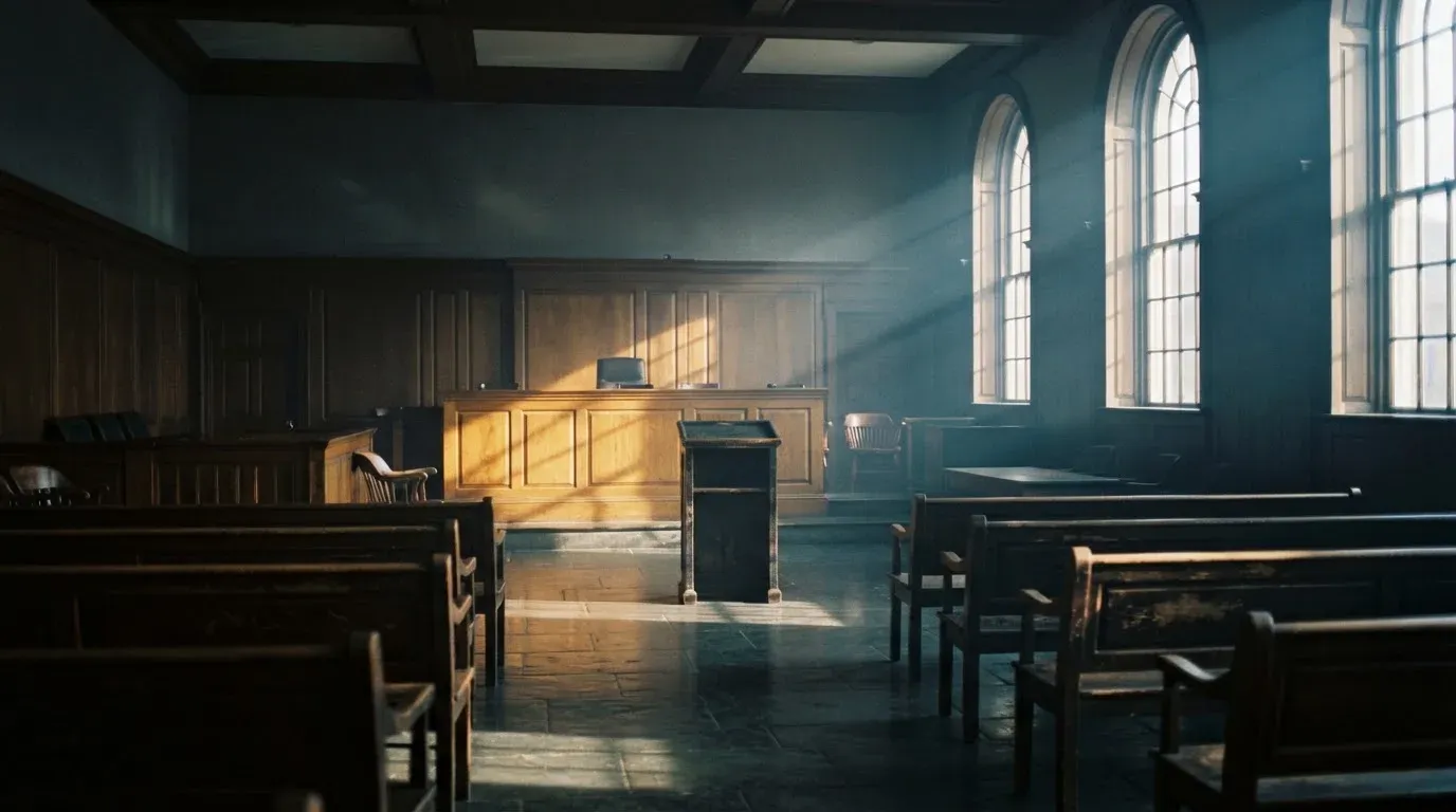 An empty courtroom with wooden benches in morning light