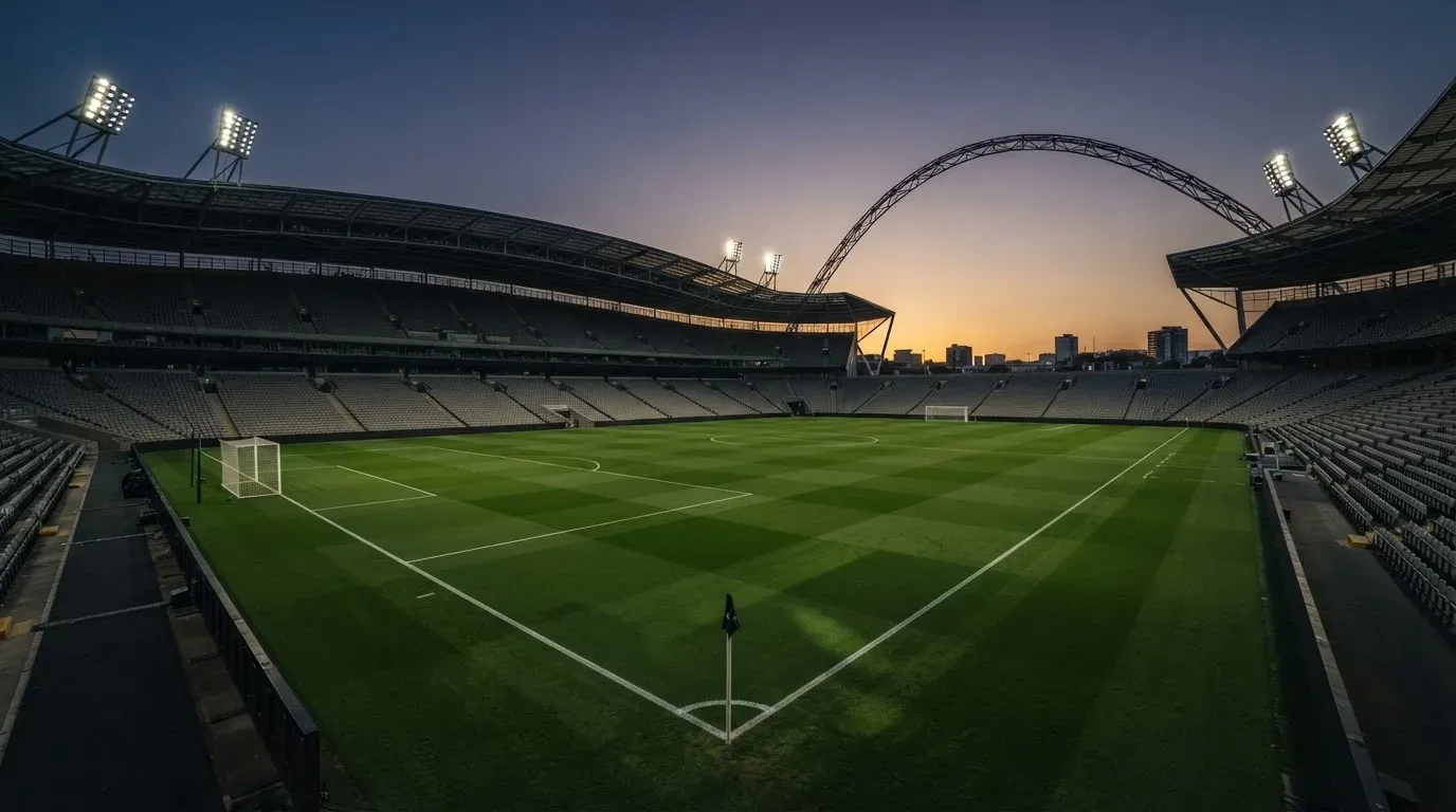 An empty football stadium with floodlight masts at dusk