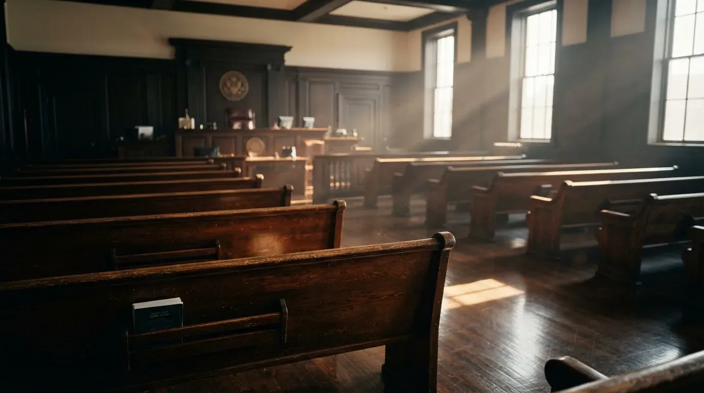 An empty courtroom with wooden benches in morning light