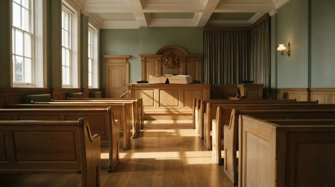 An empty courtroom with wooden benches in morning light