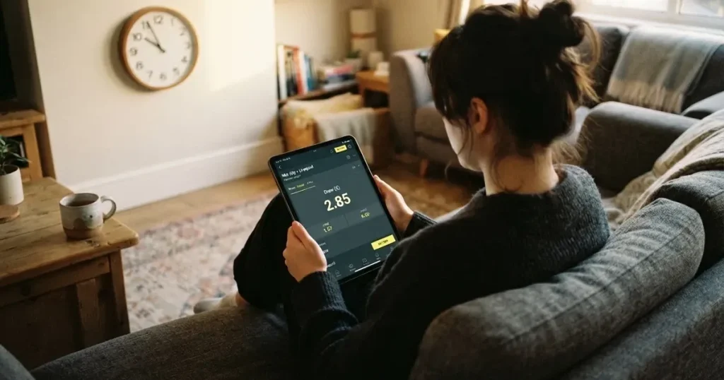 A person on a sofa looking thoughtfully at a tablet, a wall clock in the background